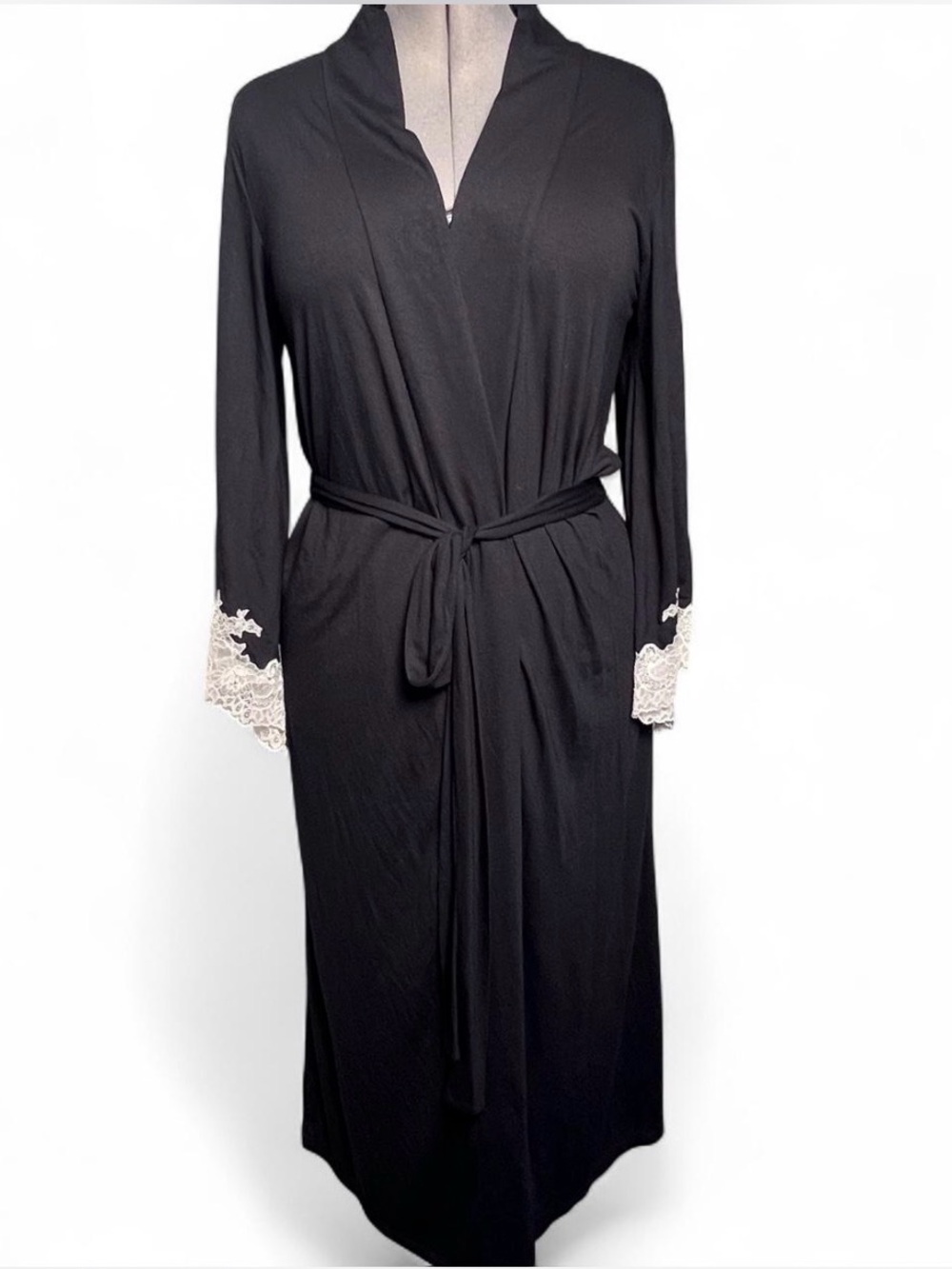 Natori Luxe Shangri-La Black Modal Lace Long Robe Size L